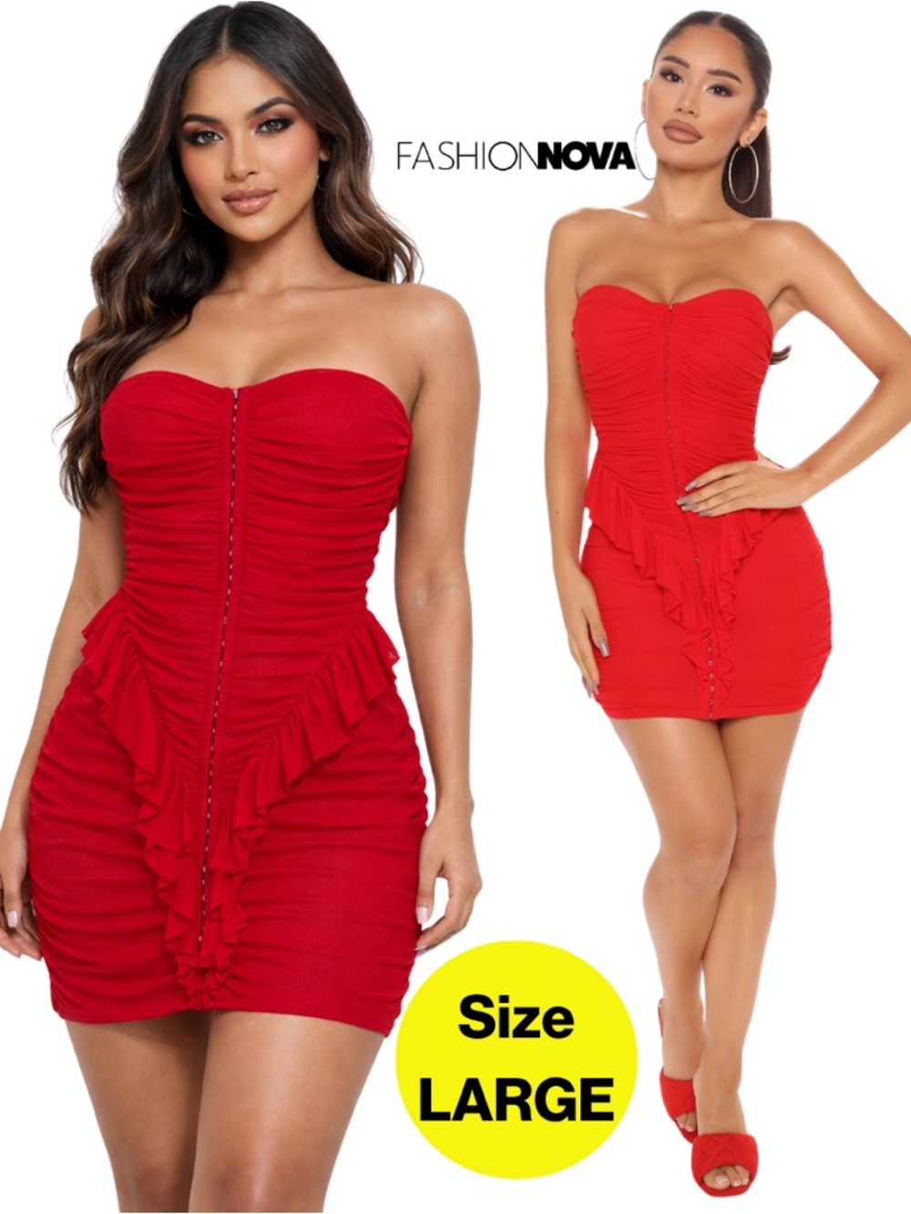 FASHION NOVA ❤️ Strapless Red Ruffle Bodycon Mini Dress (Women’s Size Large)